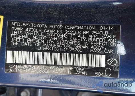 2014 Lexus Es 350 from USA, damaged, VIN JTHBK1GG1E2128785